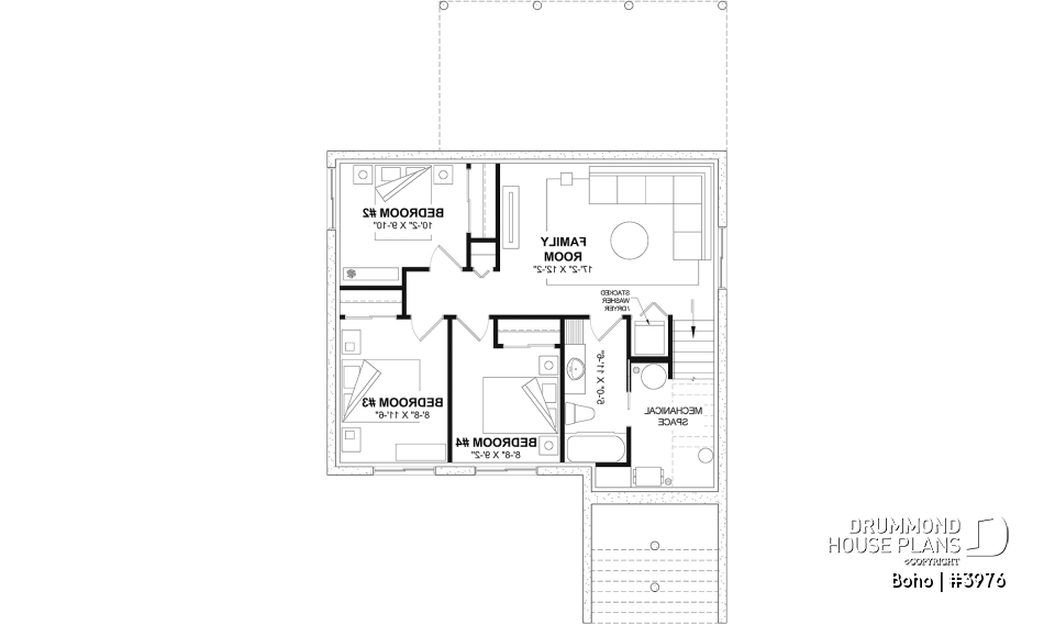 Finished basement (Optional $) - Small modern 1-storey house plan, opt. finished basement for a total of 4 beds, 2 family rooms and 2.5 baths - Boho
