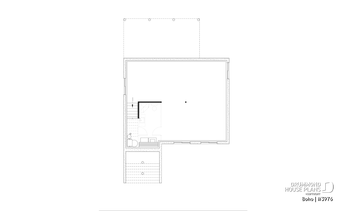 Unfinished basement - Small modern 1-storey house plan, opt. finished basement for a total of 4 beds, 2 family rooms and 2.5 baths - Boho