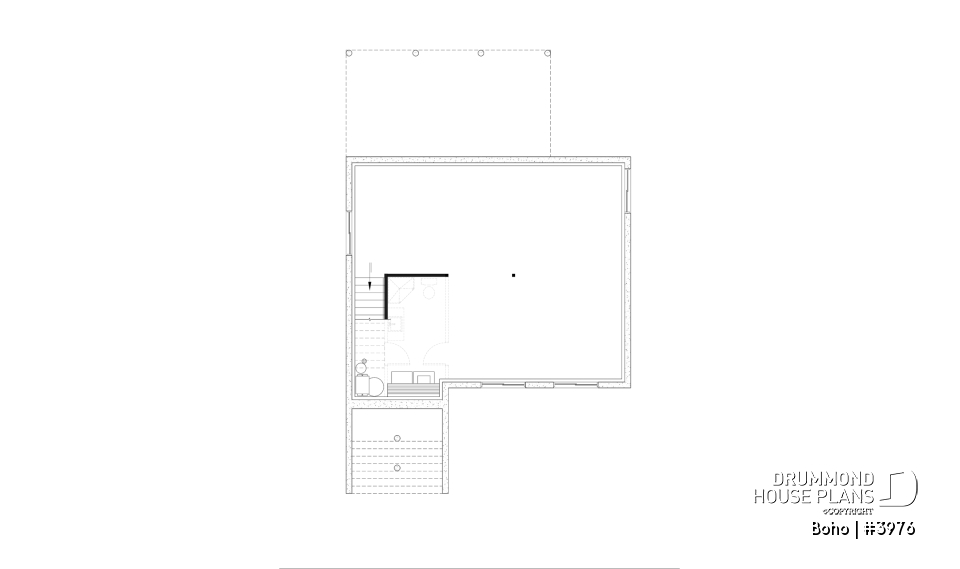 Unfinished basement - Small modern 1-storey house plan, opt. finished basement for a total of 4 beds, 2 family rooms and 2.5 baths - Boho