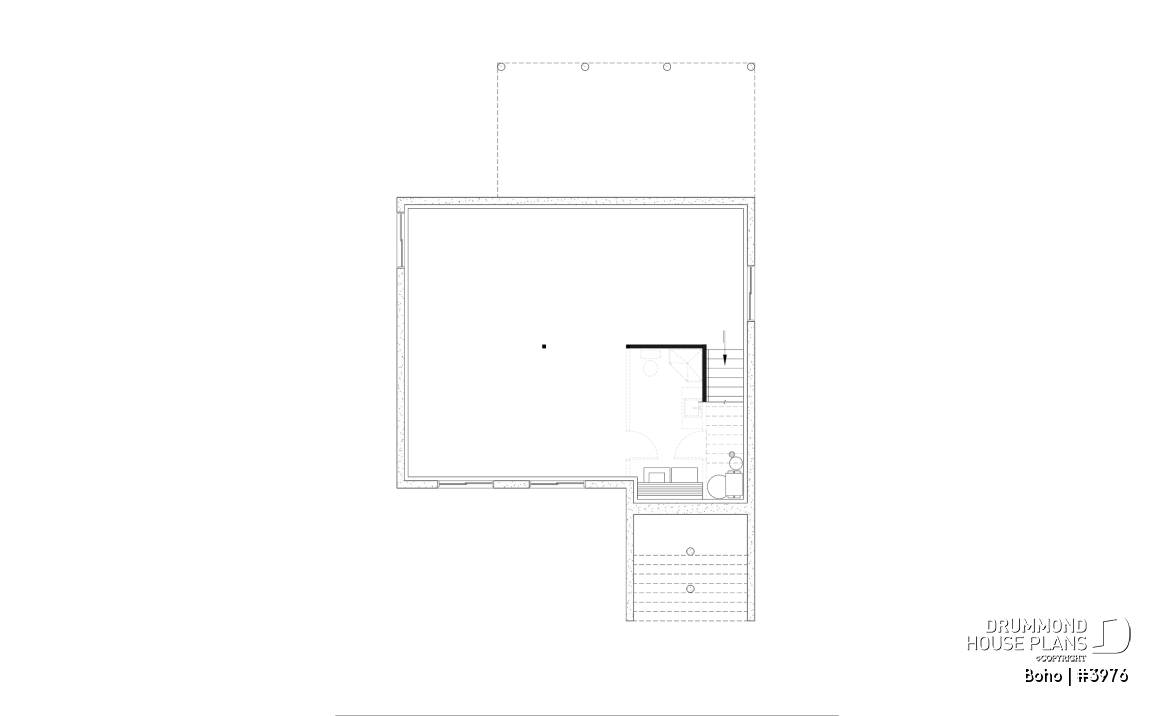 Unfinished basement - Small modern 1-storey house plan, opt. finished basement for a total of 4 beds, 2 family rooms and 2.5 baths - Boho