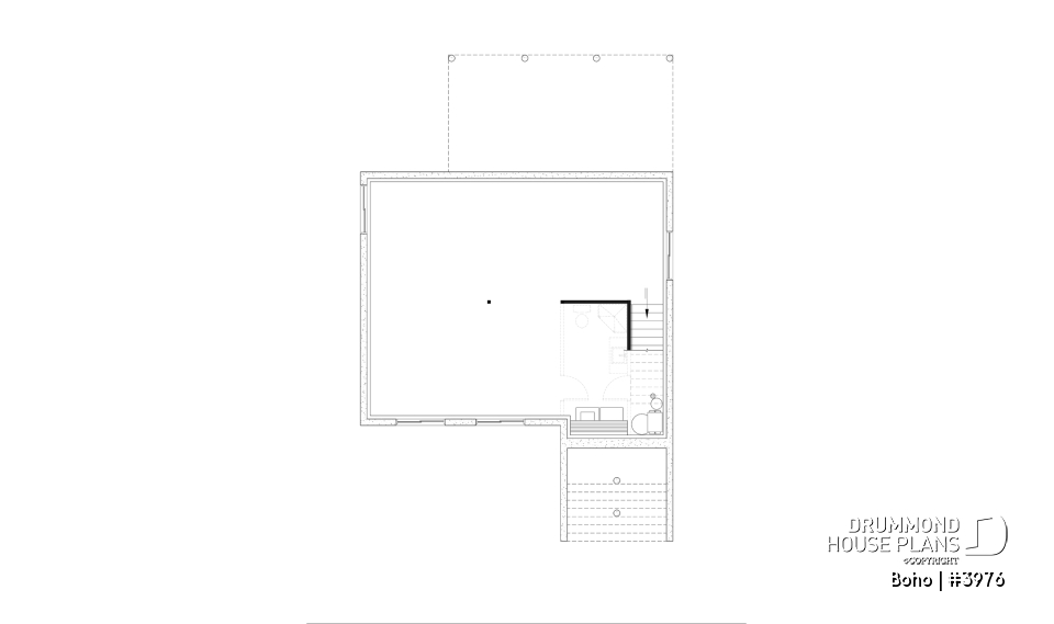 Unfinished basement - Small modern 1-storey house plan, opt. finished basement for a total of 4 beds, 2 family rooms and 2.5 baths - Boho