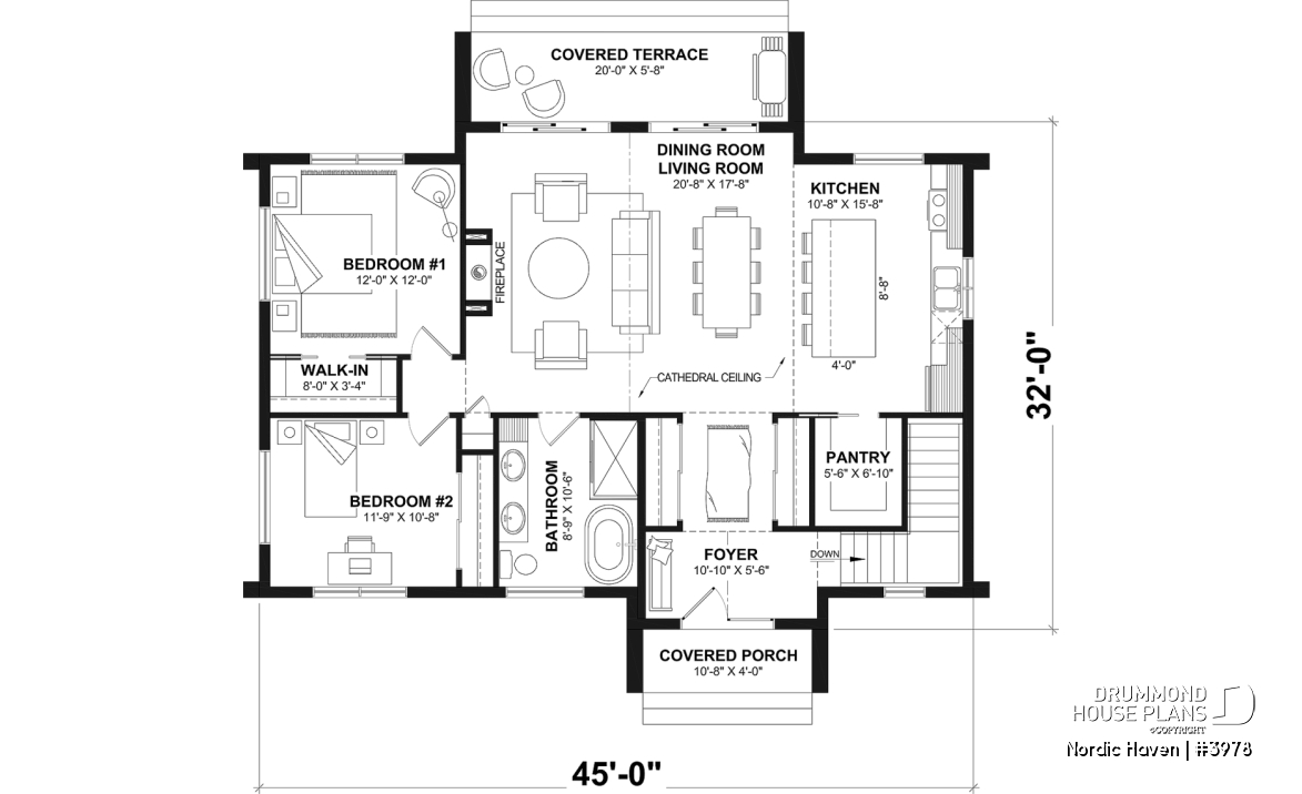 1st level - Scandinavian House Design Nordic Haven – 1,329 Sq.Ft., Open Living, Cathedral Ceilings, Covered Deck - Nordic Haven