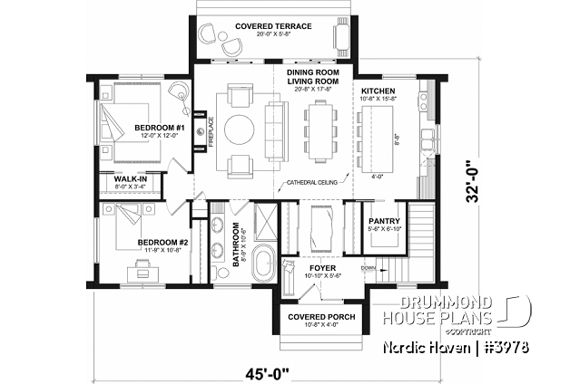 1st level - Scandinavian House Design Nordic Haven – 1,329 Sq.Ft., Open Living, Cathedral Ceilings, Covered Deck - Nordic Haven