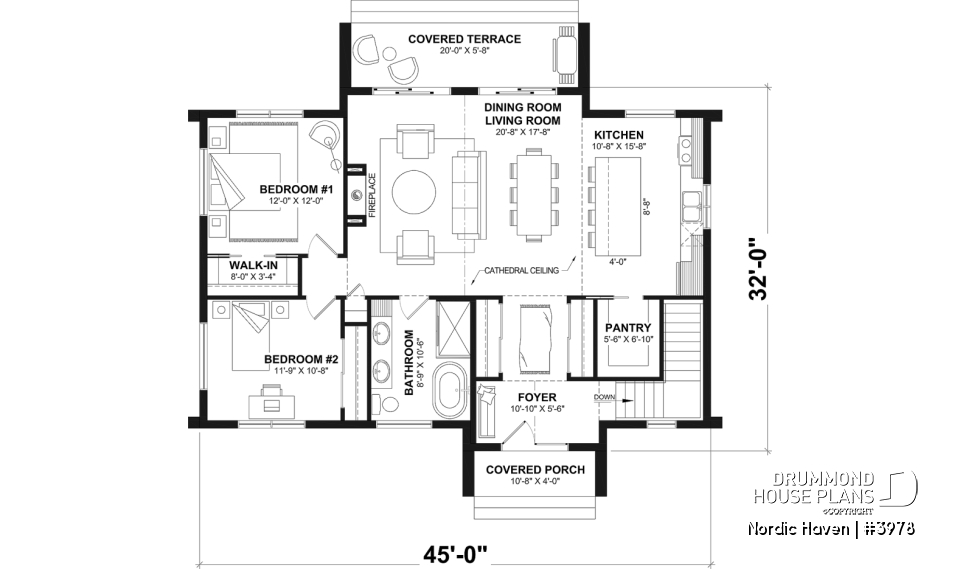 1st level - Scandinavian House Design Nordic Haven – 1,329 Sq.Ft., Open Living, Cathedral Ceilings, Covered Deck - Nordic Haven