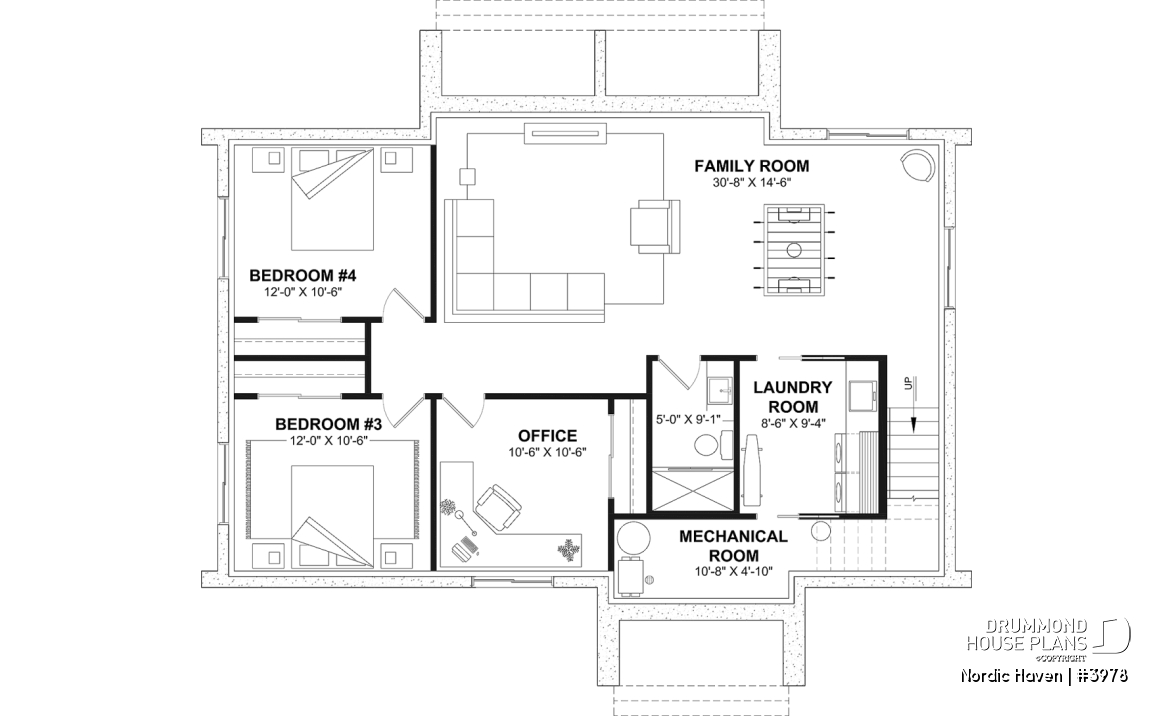 Finished basement (Optional $) - Scandinavian House Design Nordic Haven – 1,329 Sq.Ft., Open Living, Cathedral Ceilings, Covered Deck - Nordic Haven