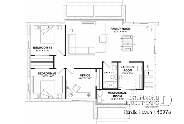 Finished basement (Optional $) - Scandinavian House Design Nordic Haven – 1,329 Sq.Ft., Open Living, Cathedral Ceilings, Covered Deck - Nordic Haven