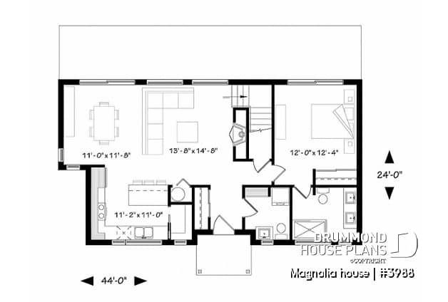 1st level - Modern Farmhouse home plan with open concept, great kitchen with island, master bedroom with ensuite and more - Magnolia house