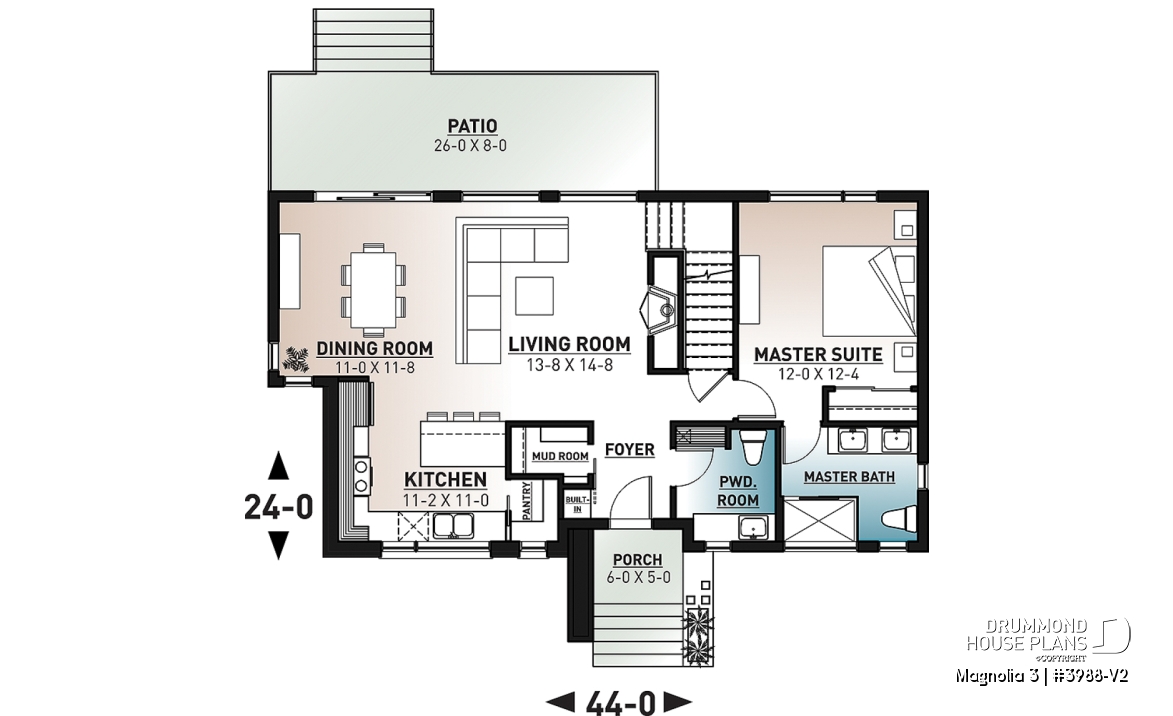 1st level - Mid-century 4 bedroom house plan with master suite, open floor plan, 9' ceiling on main floor - Magnolia 3