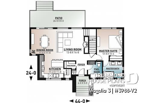 1st level - Mid-century 4 bedroom house plan with master suite, open floor plan, 9' ceiling on main floor - Magnolia 3