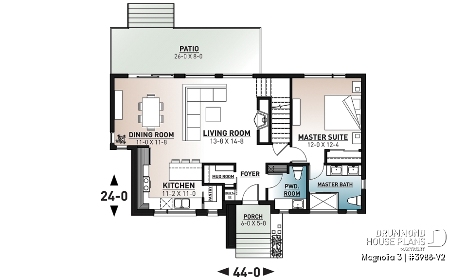 1st level - Mid-century 4 bedroom house plan with master suite, open floor plan, 9' ceiling on main floor - Magnolia 3