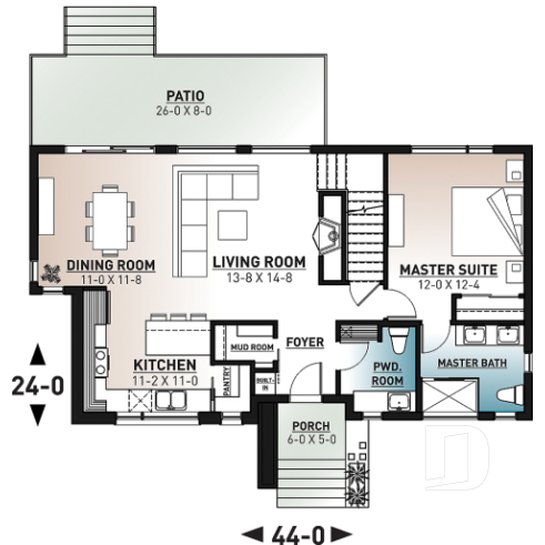 1st level - Mid-century 4 bedroom house plan with master suite, open floor plan, 9' ceiling on main floor - Magnolia 3