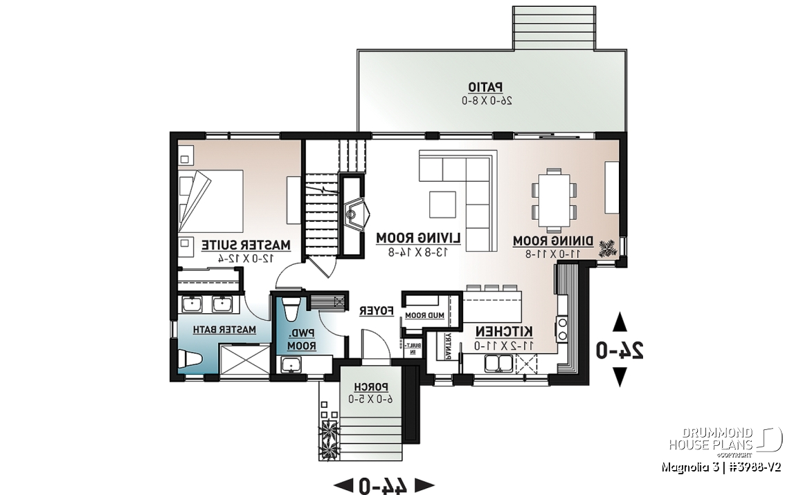 1st level - Mid-century 4 bedroom house plan with master suite, open floor plan, 9' ceiling on main floor - Magnolia 3