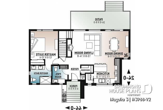 1st level - Mid-century 4 bedroom house plan with master suite, open floor plan, 9' ceiling on main floor - Magnolia 3