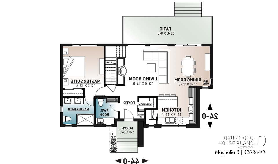 1st level - Mid-century 4 bedroom house plan with master suite, open floor plan, 9' ceiling on main floor - Magnolia 3