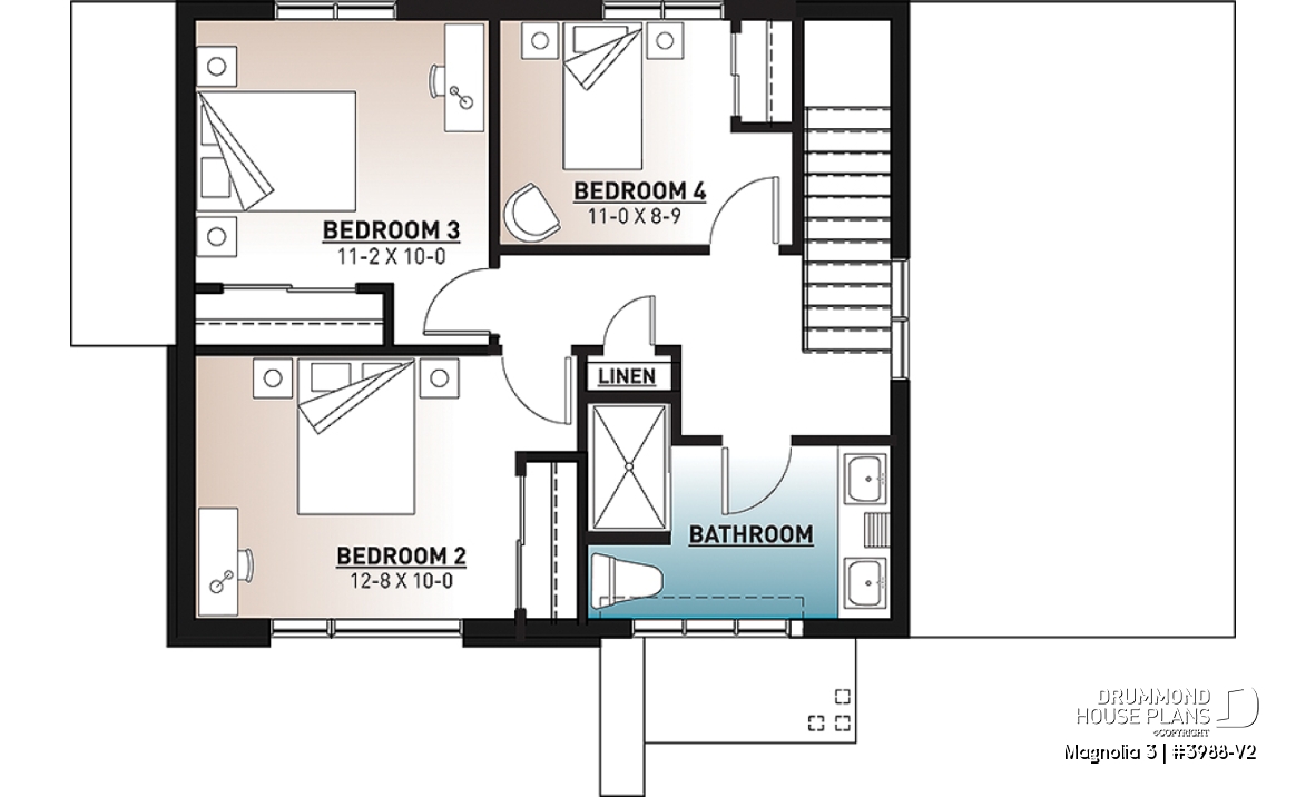 2nd level - Mid-century 4 bedroom house plan with master suite, open floor plan, 9' ceiling on main floor - Magnolia 3