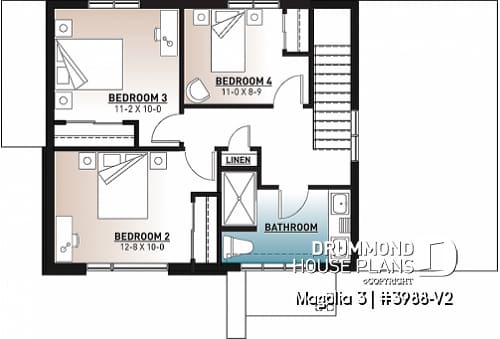 2nd level - Mid-century 4 bedroom house plan with master suite, open floor plan, 9' ceiling on main floor - Magnolia 3