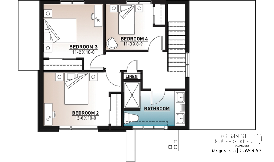 2nd level - Mid-century 4 bedroom house plan with master suite, open floor plan, 9' ceiling on main floor - Magnolia 3