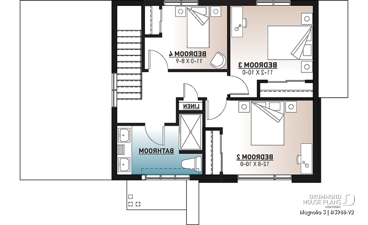 2nd level - Mid-century 4 bedroom house plan with master suite, open floor plan, 9' ceiling on main floor - Magnolia 3
