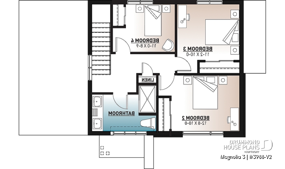 2nd level - Mid-century 4 bedroom house plan with master suite, open floor plan, 9' ceiling on main floor - Magnolia 3