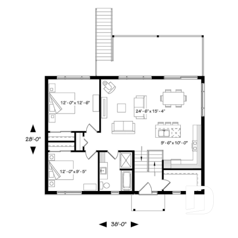 1st level - Split entry, Modern style cottage plan, up to 4 bedrooms, walk-out basement, covered terrace, open floor plan - Calypso