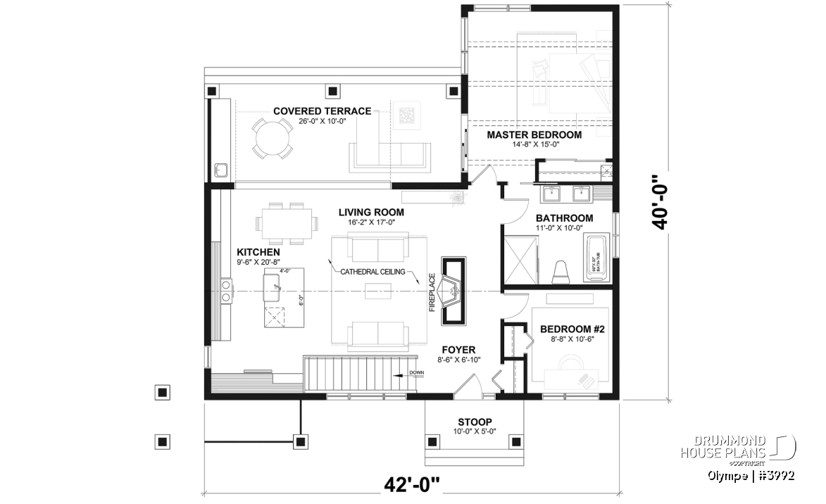 1st level - Modern Scandinavian house plan, cathedral ceiling w/exposed wood beams, open floor plan, outdoor kitchen - Olympe