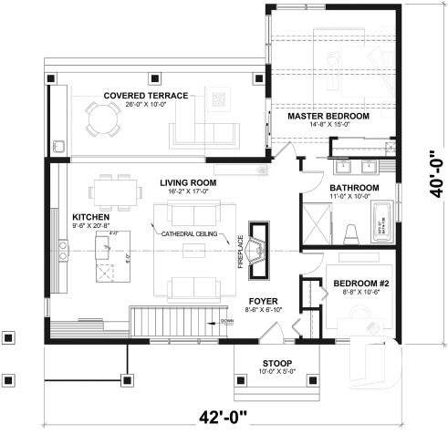 1st level - Modern Scandinavian house plan, cathedral ceiling w/exposed wood beams, open floor plan, outdoor kitchen - Olympe