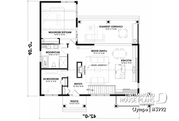 1st level - Farmhouse style house plan, cathedral ceiling w/exposed wood beams, open floor plan, outdoor kitchen - Olympe