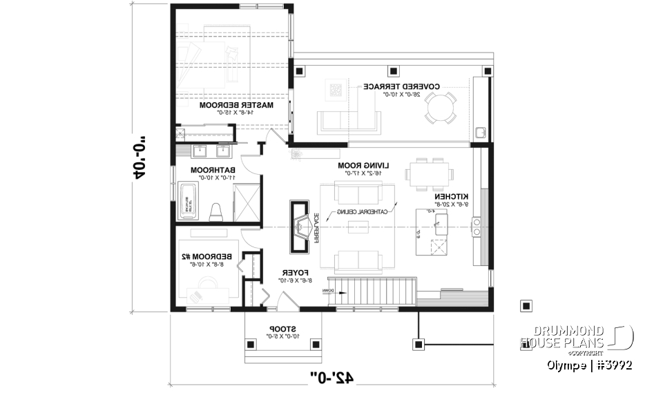 1st level - Modern Scandinavian house plan, cathedral ceiling w/exposed wood beams, open floor plan, outdoor kitchen - Olympe
