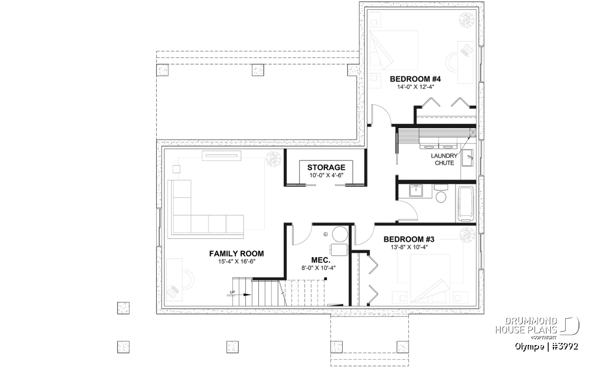 Finished basement - Modern Scandinavian house plan, cathedral ceiling w/exposed wood beams, open floor plan, outdoor kitchen - Olympe