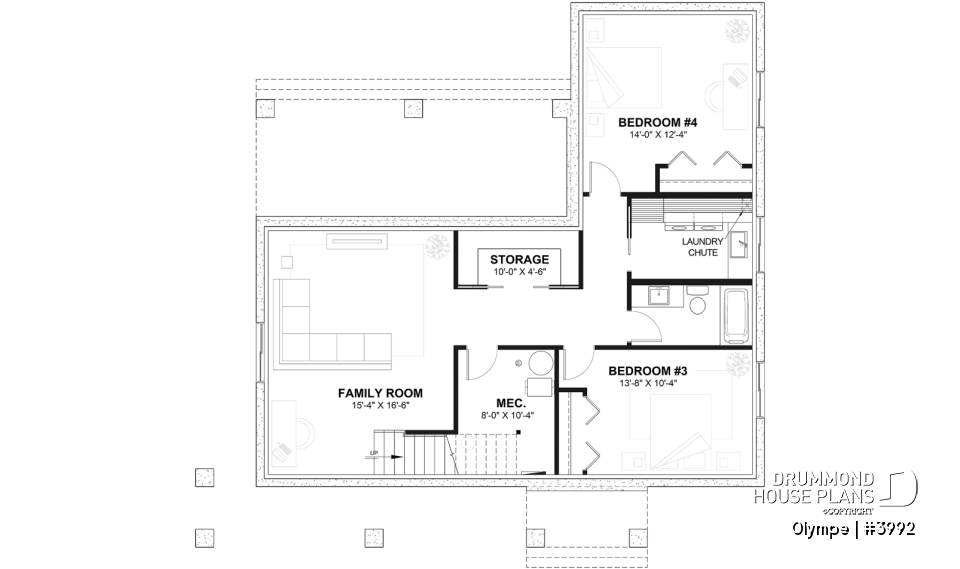 Finished basement - Modern Scandinavian house plan, cathedral ceiling w/exposed wood beams, open floor plan, outdoor kitchen - Olympe
