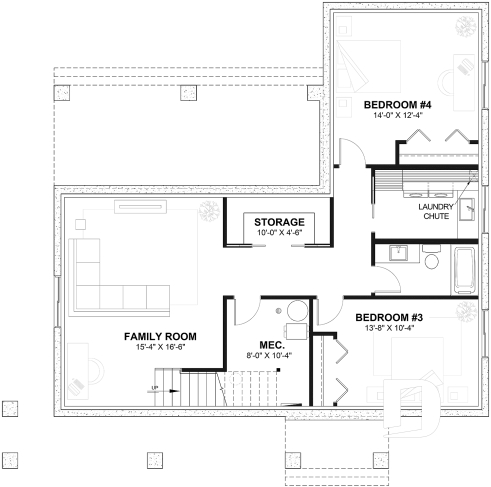 Finished basement - Modern Scandinavian house plan, cathedral ceiling w/exposed wood beams, open floor plan, outdoor kitchen - Olympe