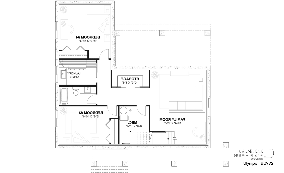 Finished basement - Modern Scandinavian house plan, cathedral ceiling w/exposed wood beams, open floor plan, outdoor kitchen - Olympe