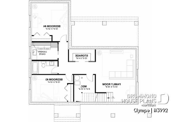 Finished basement - Farmhouse style house plan, cathedral ceiling w/exposed wood beams, open floor plan, outdoor kitchen - Olympe