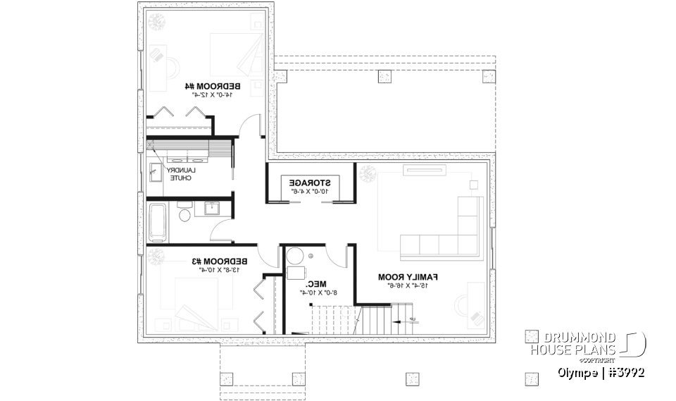 Finished basement - Modern Scandinavian house plan, cathedral ceiling w/exposed wood beams, open floor plan, outdoor kitchen - Olympe