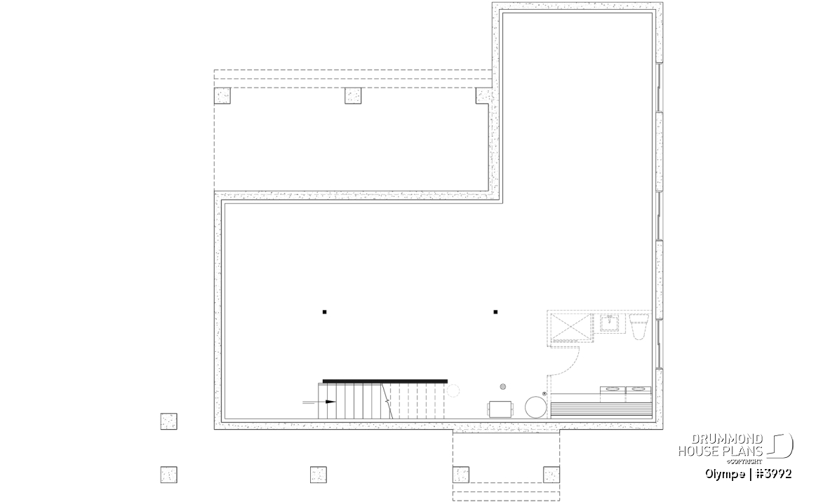 Unfinished basement - Modern Scandinavian house plan, cathedral ceiling w/exposed wood beams, open floor plan, outdoor kitchen - Olympe