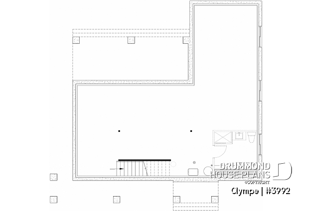 Unfinished basement - Farmhouse style house plan, cathedral ceiling w/exposed wood beams, open floor plan, outdoor kitchen - Olympe