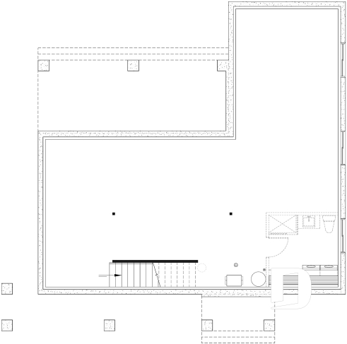 Unfinished basement - Modern Scandinavian house plan, cathedral ceiling w/exposed wood beams, open floor plan, outdoor kitchen - Olympe