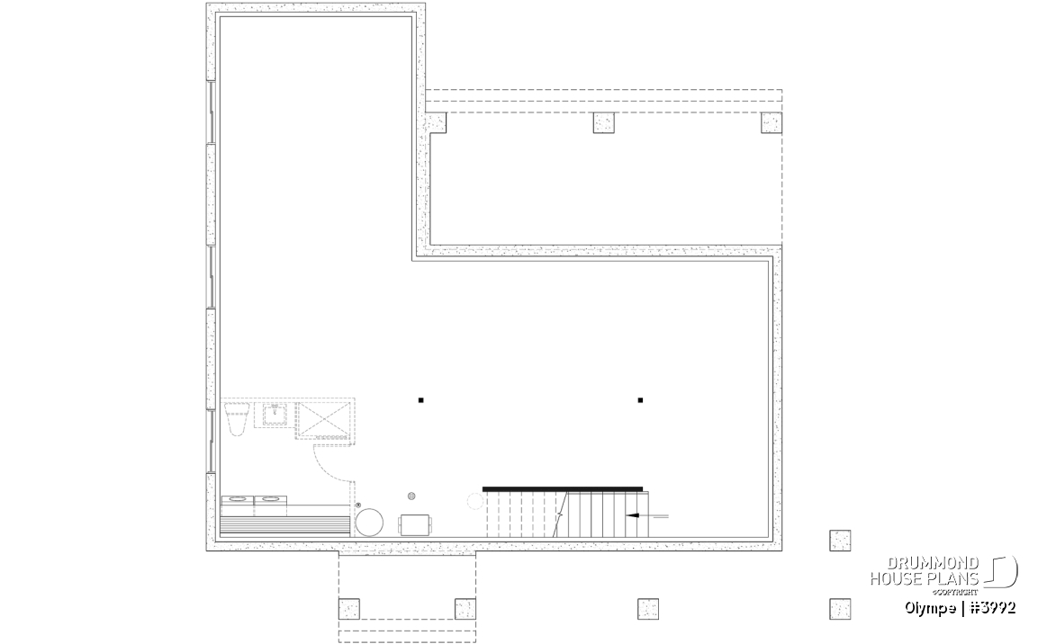 Unfinished basement - Modern Scandinavian house plan, cathedral ceiling w/exposed wood beams, open floor plan, outdoor kitchen - Olympe