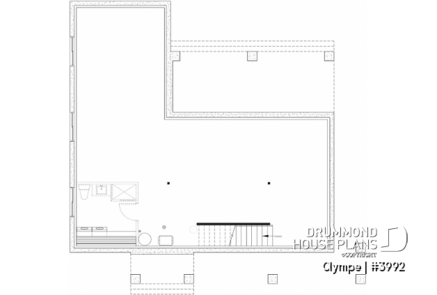 Unfinished basement - Farmhouse style house plan, cathedral ceiling w/exposed wood beams, open floor plan, outdoor kitchen - Olympe