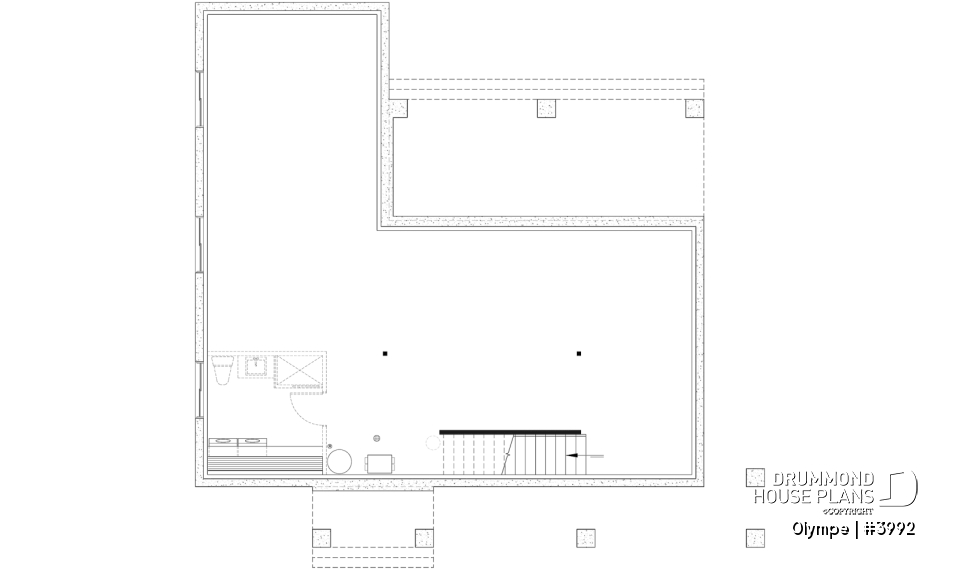 Unfinished basement - Modern Scandinavian house plan, cathedral ceiling w/exposed wood beams, open floor plan, outdoor kitchen - Olympe