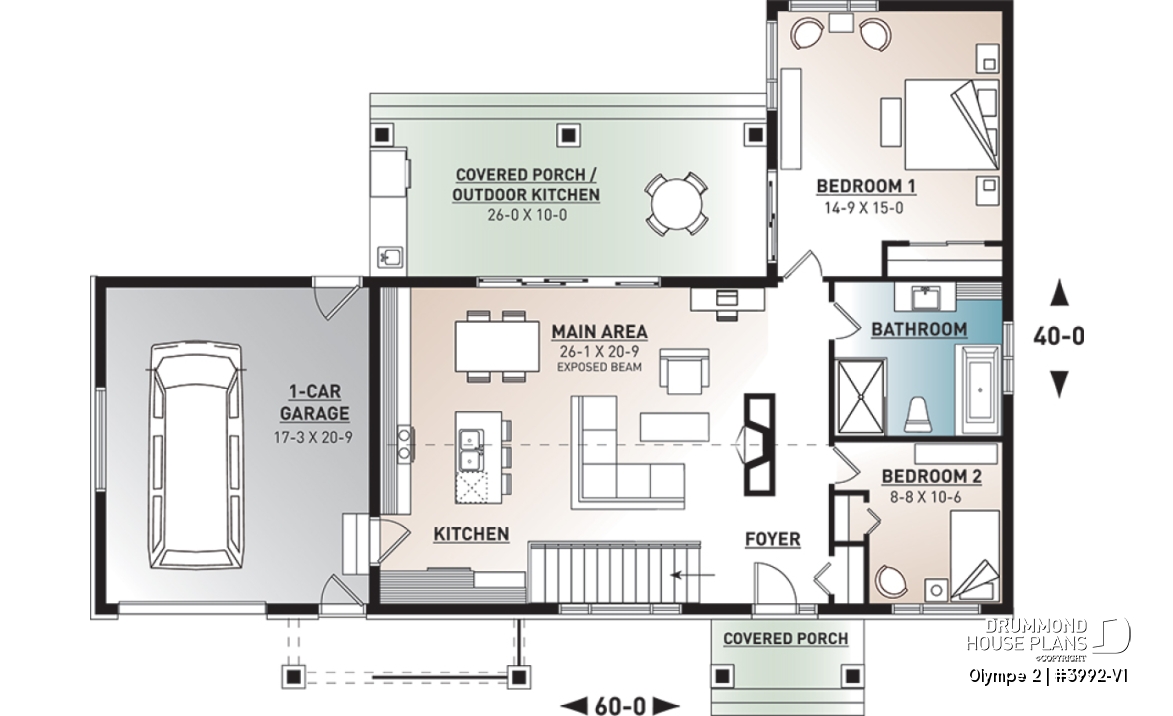 1st level - Small modern cape cod house plan, cathedral ceiling, 1-car garage, large covered terrace, fireplace -  Olympe 2