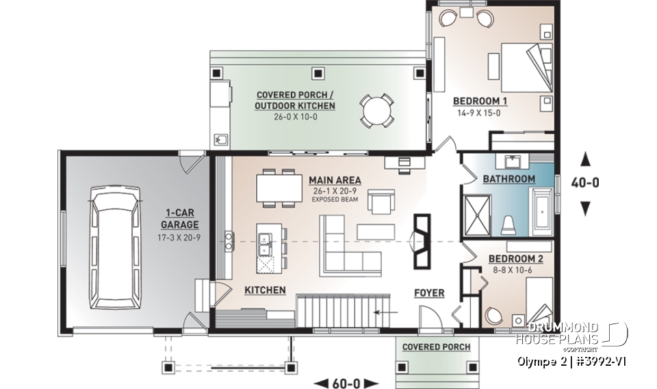 1st level - Small modern cape cod house plan, cathedral ceiling, 1-car garage, large covered terrace, fireplace -  Olympe 2