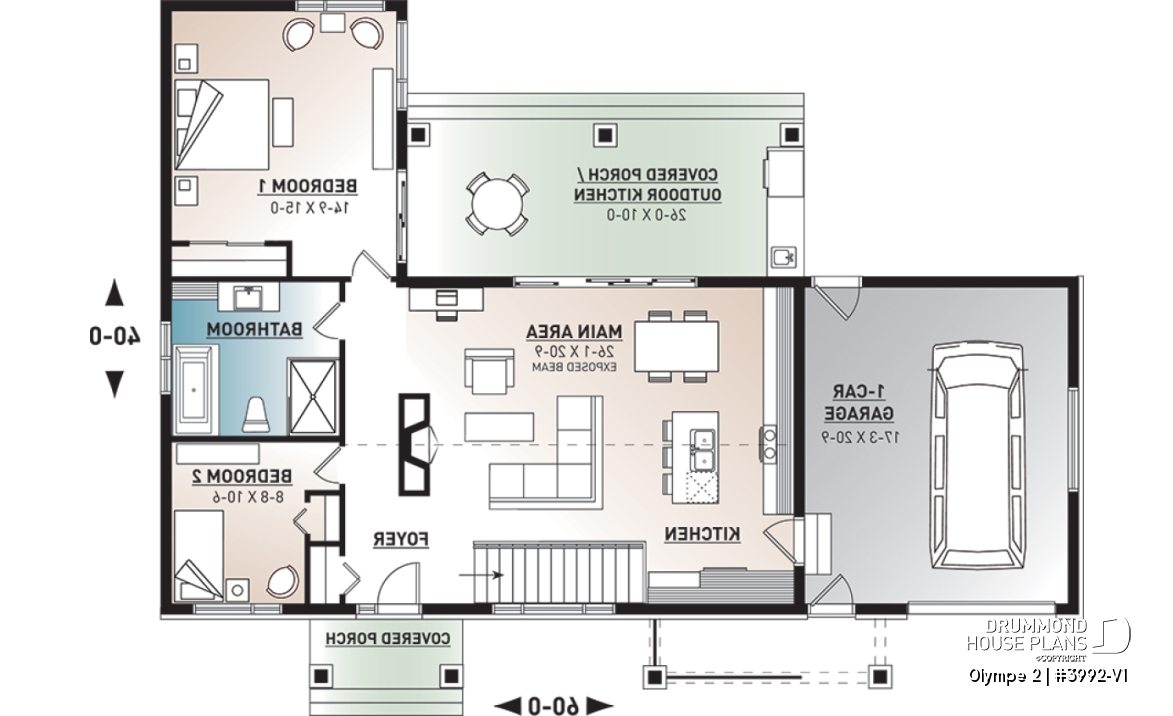1st level - Small modern cape cod house plan, cathedral ceiling, 1-car garage, large covered terrace, fireplace -  Olympe 2