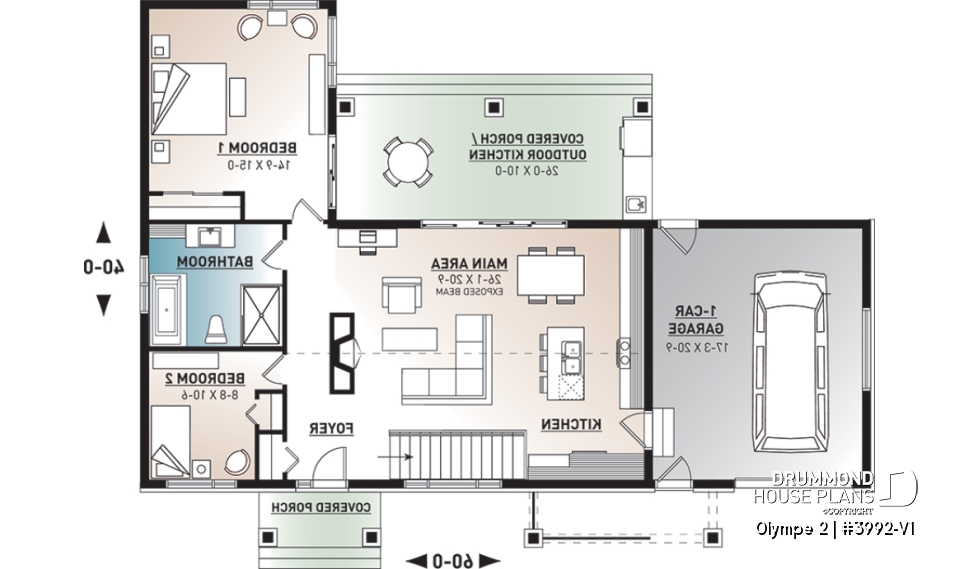 1st level - Small modern cape cod house plan, cathedral ceiling, 1-car garage, large covered terrace, fireplace -  Olympe 2