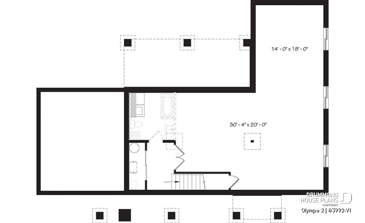 Basement - Small modern cape cod house plan, cathedral ceiling, 1-car garage, large covered terrace, fireplace -  Olympe 2