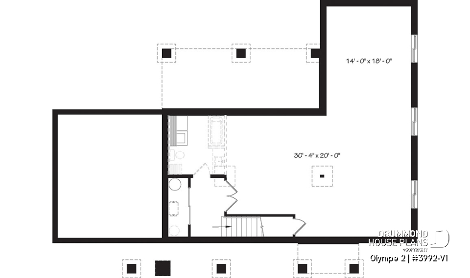 Basement - Small modern cape cod house plan, cathedral ceiling, 1-car garage, large covered terrace, fireplace -  Olympe 2