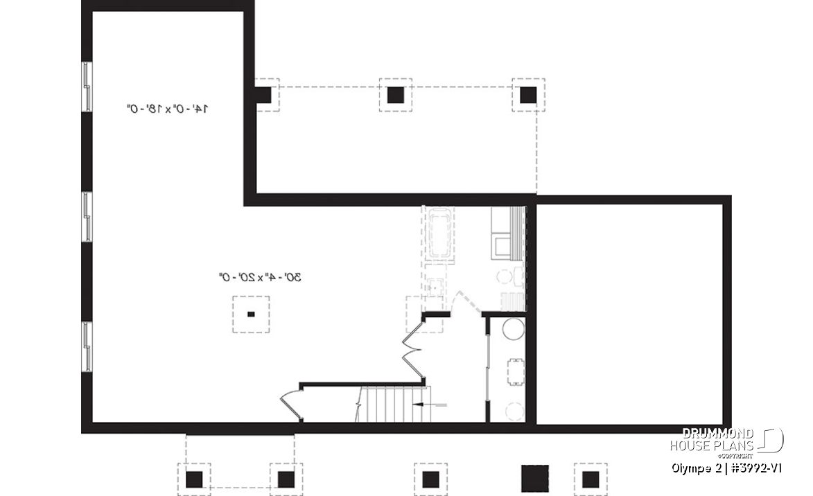 Basement - Small modern cape cod house plan, cathedral ceiling, 1-car garage, large covered terrace, fireplace -  Olympe 2