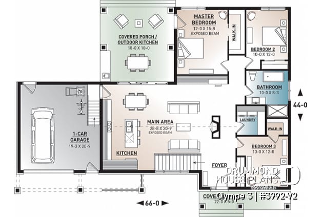 1st level - 3 bedroom small modern Farmhouse home plan, garage, cathedral ceiling, large covered deck, open living concept - Olympe 3