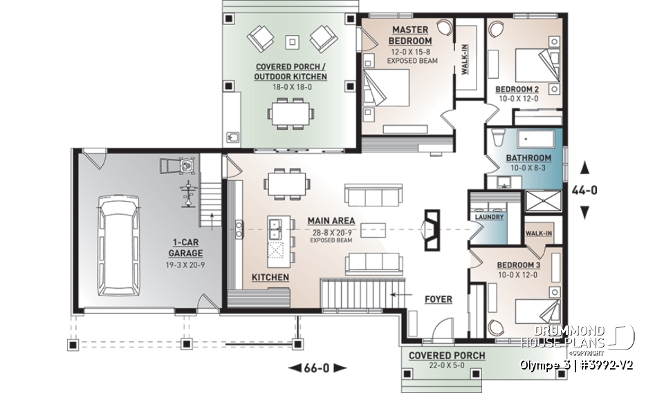 1st level - 3 bedroom small modern Farmhouse home plan, garage, cathedral ceiling, large covered deck, open living concept - Olympe 3