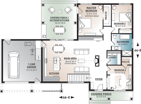 1st level - 3 bedroom small modern Farmhouse home plan, garage, cathedral ceiling, large covered deck, open living concept - Olympe 3